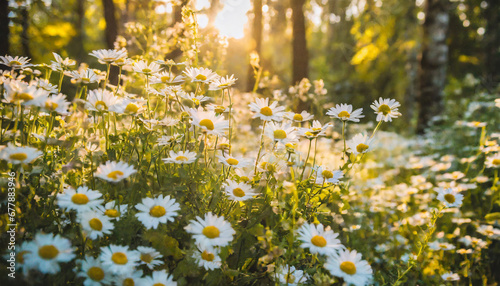 early evening sunlight majestic nature daisy flowers golden soft green sunset colors white blossoms stunning defocused panoramic lush foliage landscape enchanting autumn forest closeup meadow flora