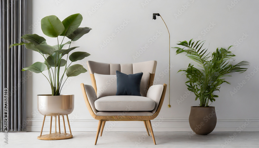 front view armchair and plant on white background front view armchair and plant on white background