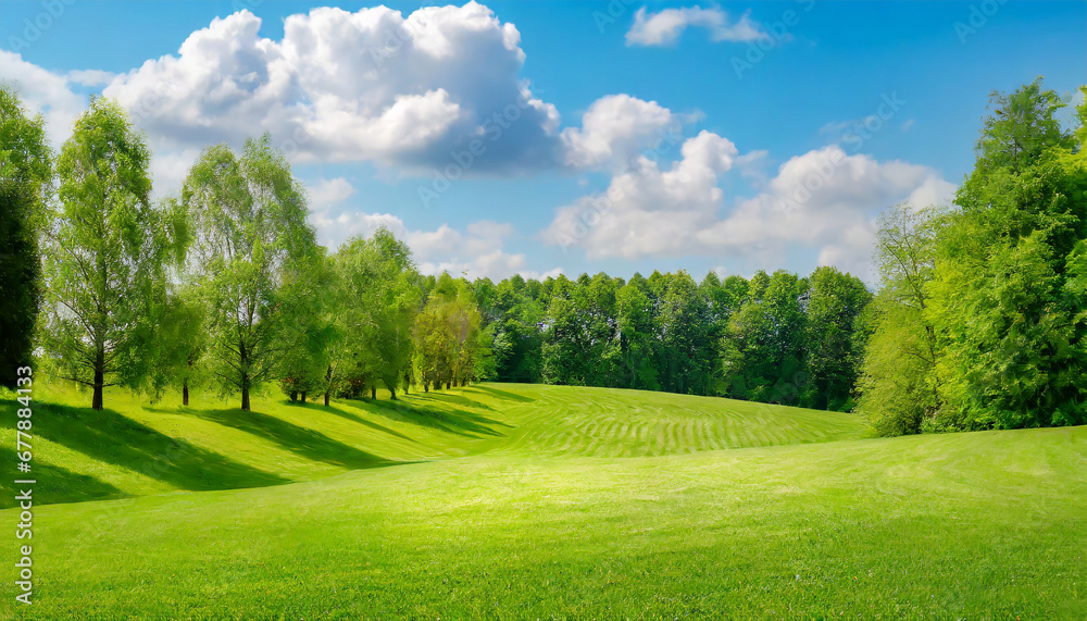 beautiful blurred background image of spring nature with a neatly trimmed lawn surrounded by trees against a blue sky with clouds on a bright sunny day
