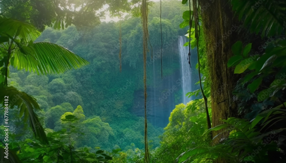 Tranquil tropical rainforest, high up, beauty in nature, adventure awaits generated by AI