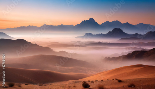 peaceful ethereal desert foggy landscape with mountains pc desktop wallpaper background ai generated