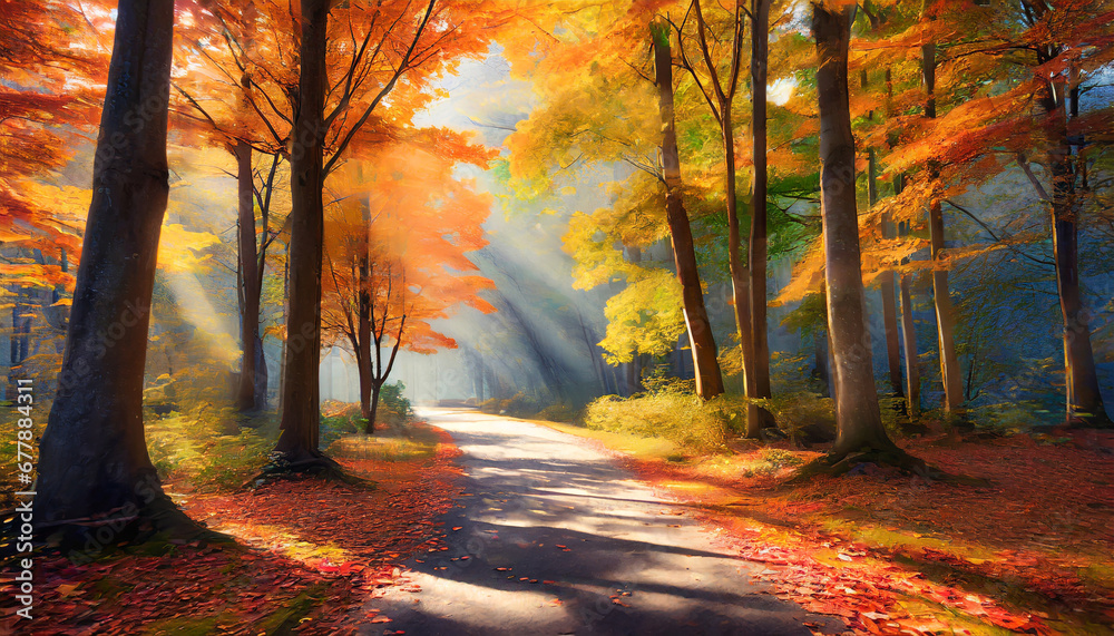 autumn in the park autumn in the forest wallpaper vertical shot of a road going through a beautiful colorful autumn in the forest illustration ai generative