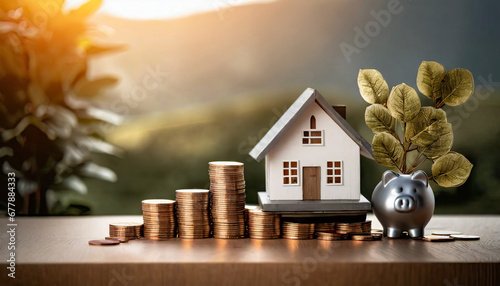 property tax investment planning business real estate view of coin stack with house model mortgage loading real estate property with loan money bank concept home sales and home insurance concept