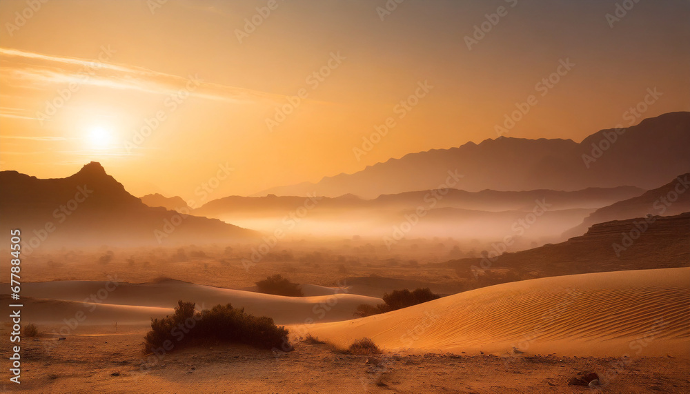 misty evening warm colored ethereal desert landscape pc desktop wallpaper background ai generated