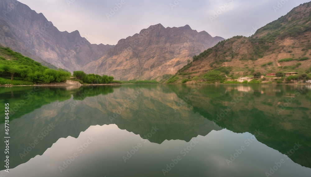 Majestic mountain range reflects in tranquil pond at dusk generated by AI