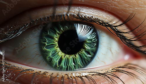 Close up of a woman green eye, staring into the camera generated by AI