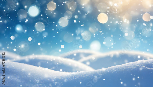 winter snow background with snowdrifts with beautiful light and snow flakes on the blue sky beautiful bokeh circles banner format copy space © Art_me2541