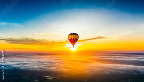 Hot air balloon soars mid air, offering panoramic travel destinations generated by AI