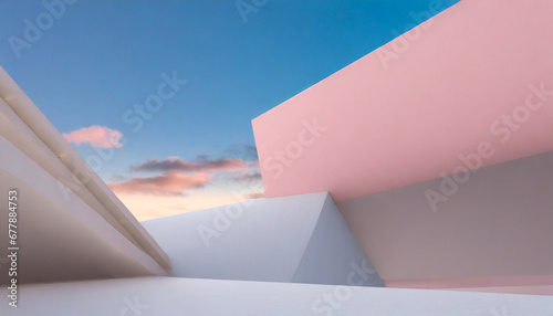 3d rendering and illustration and cruved wall architecture white pink blue sky modern trendy new