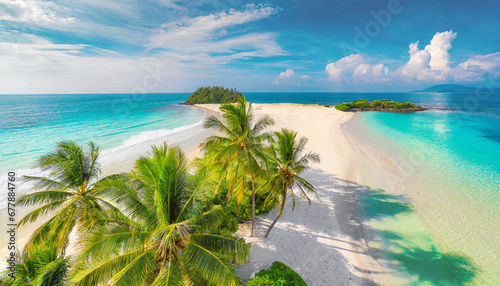 beach palm trees on the sunny sandy beach and turquoise ocean from above amazing summer nature landscape stunning sunny beach scenery relaxing peaceful and inspirational beach vacation template © Art_me2541