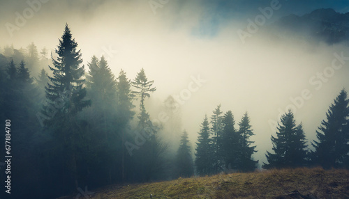 misty landscape with fir forest in vintage retro style generative ai © Art_me2541
