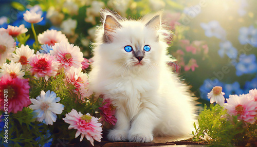 cute white fluffy kitten of the turkish angora or ragdoll breed cat with beautiful blue eyes in sunny day background with pet and flowers spring concept photo