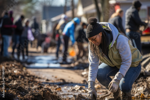 A community volunteer group cleaning up a neighborhood as part of a MLK Day of Service. Concept of civic engagement and social responsibility. Generative Ai.