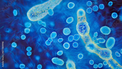 beautiful electronic microscopy of bacteria fungi fantasy microbiology in blue tones microscopic life generative ai