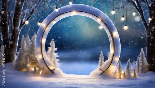 round ice frosty arch festive night evening frame outside presentation winter greeting card