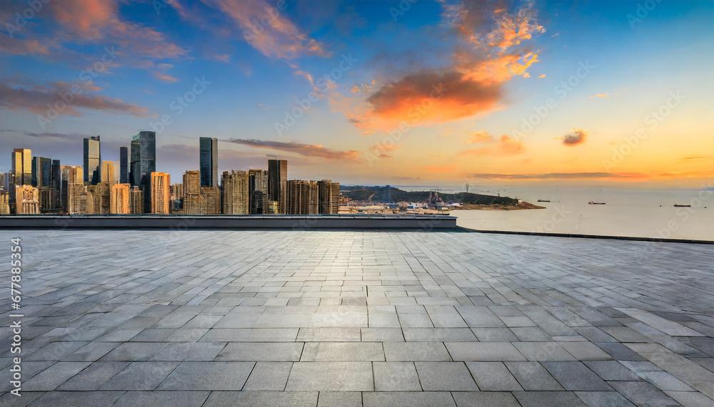 empty square floor and city skyline with modern buildings at sunset modern city buildings by the sea