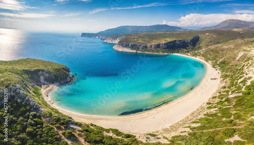 peaceful aerial wide beach landscape summer vacation mediterranean holiday waves crash stunning blue ocean bay sea panoramic coastline tranquil aerial drone top view relaxing sunny beach seaside photo