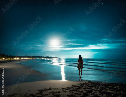 Noites de Reflexão: Uma Mulher Envolvida pela Magia do Luar à Beira-Mar
