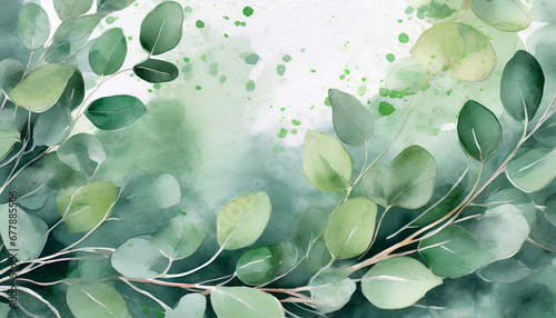 background with leaves green eucalyptus leaves falling on a watercolor background suitable for greeting cards designs wallpaper backgrounds textiles and illustrations ai generative photo