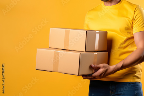 Delivery Man Handling Parcel Boxes For Sending To Customer At House