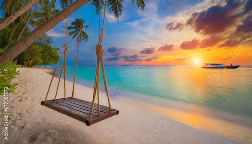 tropical sunset beach and sky background as exotic summer landscape with beach swing or hammock and white sand and calm sea beach banner paradise island beach vacation or summer holiday destination © Art_me2541