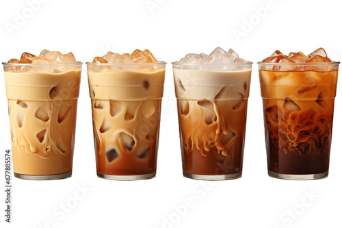 delicious iced latte coffee drink in glasses with ice cubes on transparent background, in front view