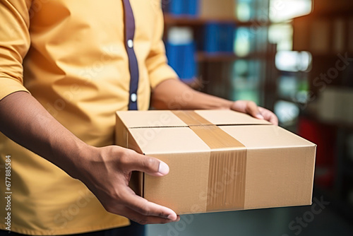 Delivery Man Handling Parcel Boxes For Sending To Customer At House