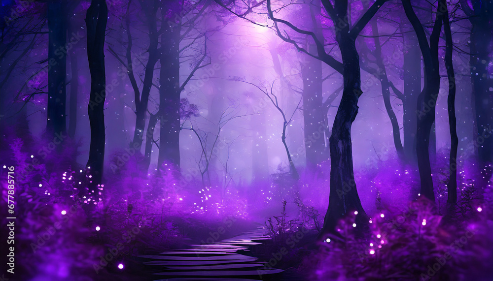 Obraz premium magical glowing purple fairy misty forest at night pc desktop wallpaper background ai generated