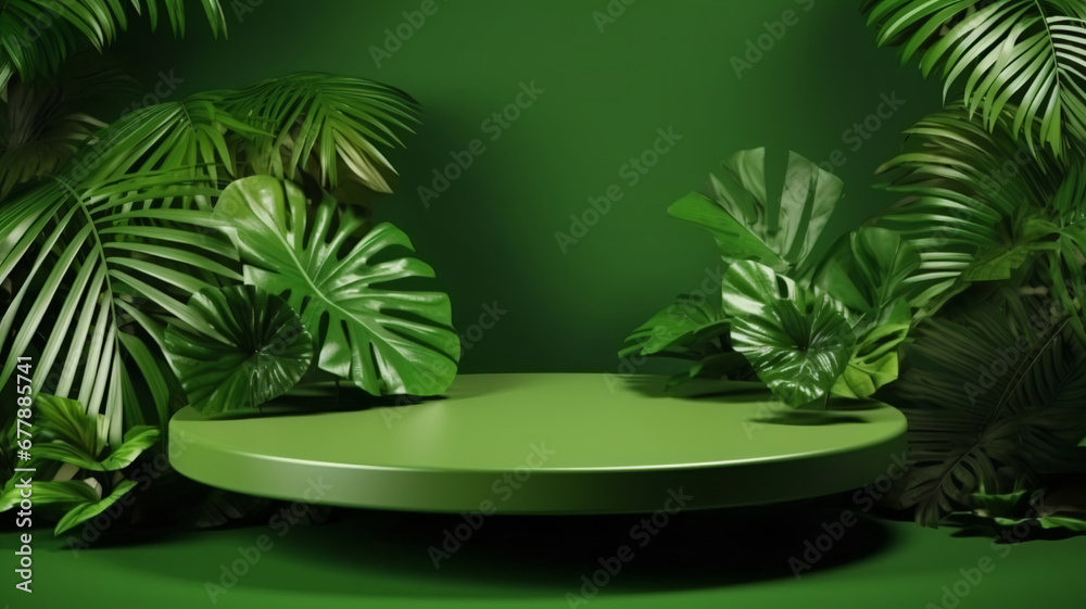 Green podium in tropical forest for product presentation and green wall, generative AI Green podium in tropical forest for product presentation and green wall, generative AI