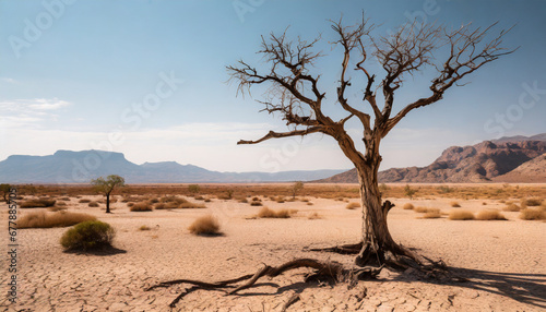 a desolate desert landscape featuring a dead tree standing tall against the barren backdrop symbolizing the arid conditions