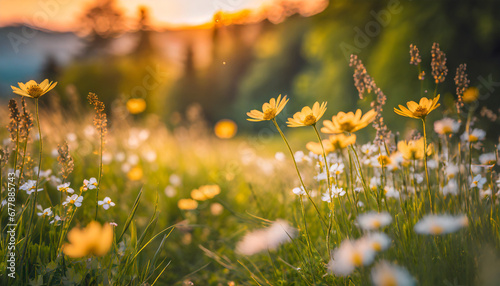 abstract soft focus sunset field landscape of yellow flowers and grass meadow warm golden hour sunset sunrise time tranquil spring summer nature closeup and blurred forest background idyllic nature © Art_me2541