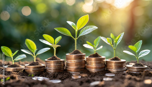 the seedlings are growing on a pile of coins that located on the soil concept of business growthprofit green energy eco energy development and success sustainable finance