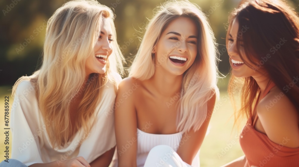 Three women enjoying each other's company while laughing in the grass.