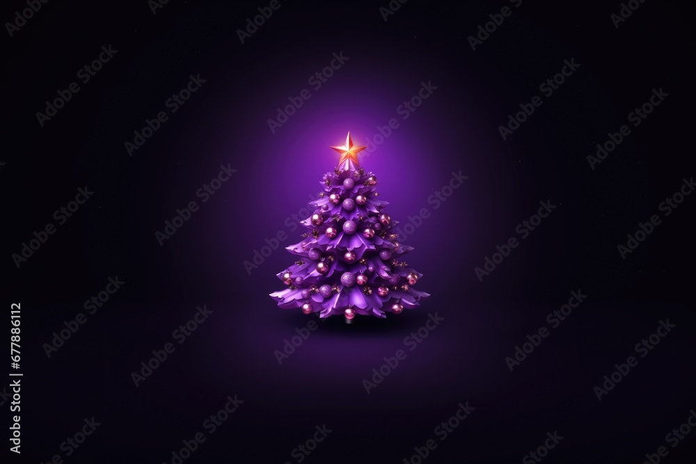 Decorated abstract violet Christmas tree with glowing lights. Purple background. The arrival of Christmas and New Year.