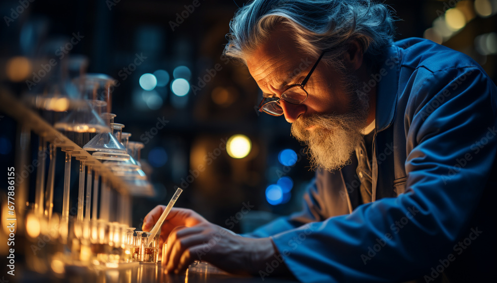 Senior man with gray hair, beard, and eyeglasses enjoying a drink generated by AI