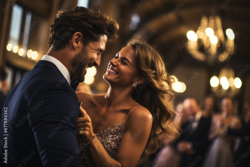 A newlywed couple sharing a cheerful dance at their wedding reception, capturing the happiness of love and commitment. Concept of marriage and celebration. Generative Ai. A newlywed couple sharing a cheerful dance at their wedding reception, capturing the happiness of love and commitment. Concept of marriage and celebration. Generative Ai.