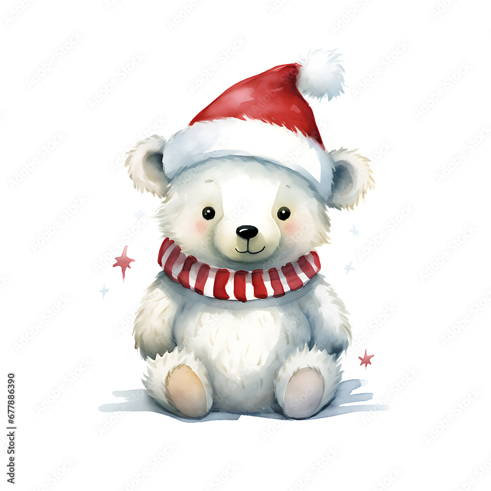 Christmas teddy bear with santa hat and scarf on white background Christmas teddy bear with santa hat and scarf on white background