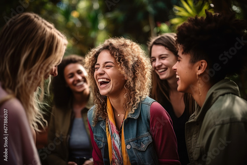 A diverse group of friends laughing together at a park, exemplifying the joy of genuine connections. Concept of friendship and happiness. Generative Ai.