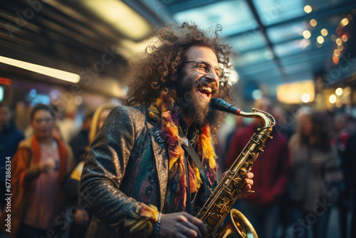 A street performer playing a lively tune on a saxophone, spreading joy to passersby with his music. Concept of artistic expression and happiness. Generative Ai.