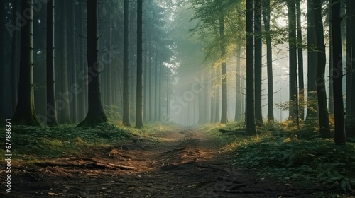 A serene path in the woods with sunlight filtering through the fog, surrounded by nature and trees.