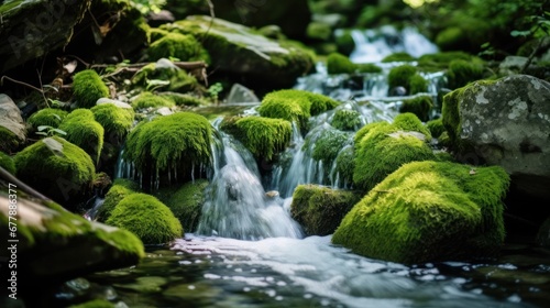 A serene stream of water cascading over rocks covered in lush green moss.