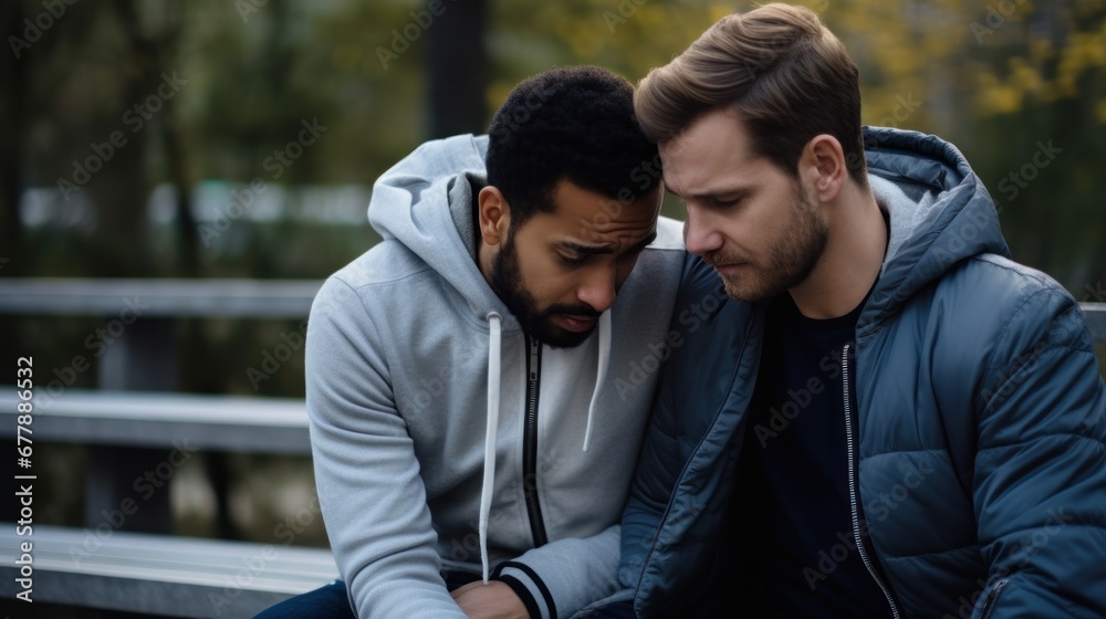Two friends sharing a sad moment with each other on a park bench.
