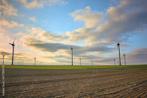 Obraz na płótnie wind farm at sunrise in Romania w salonie