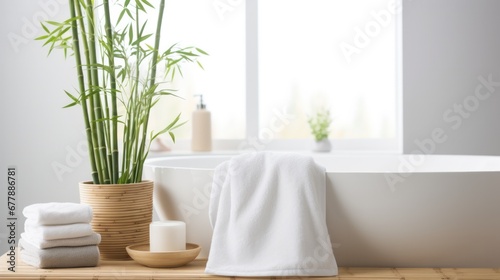A bathroom with a white bathtub, bamboo plant, and towels. © OKAN