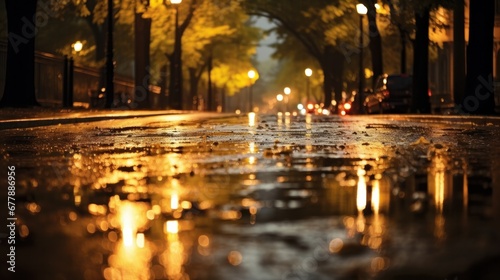 A rainy night street with trees and lights illuminating the scene.