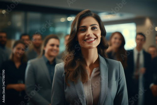 A businesswoman exudes confidence as she confidently delivers a winning presentation to a room of investors. Concept of effective communication and leadership. Generative Ai.