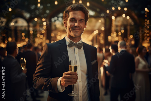 A male CEO celebrates the company's growth by toasting with champagne at an upscale corporate event. Concept of upscale business gatherings. Generative Ai. © Sebastian