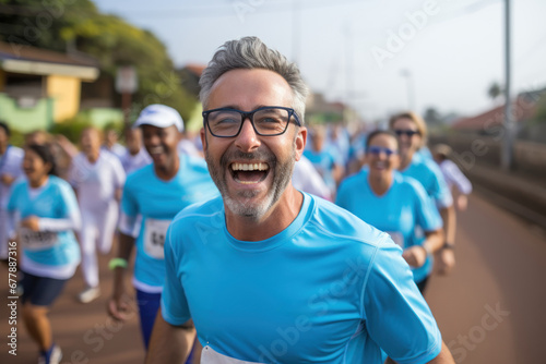 A delighted executive showcases a vibrant smile while participating in a charity run, promoting corporate social responsibility. Concept of philanthropy and community engagement. Generative Ai.