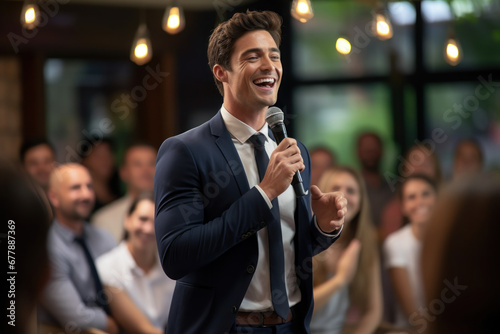 A businessman showcases a radiant smile as he delivers a motivational speech to his employees, inspiring a positive work environment. Concept of leadership and motivation. Generative Ai.