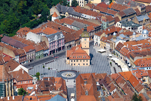 Aerial view of Council Square (Piata Sfatului) with Black Church (Biserica Neagra), Brasov, Transylvania, Romania photo